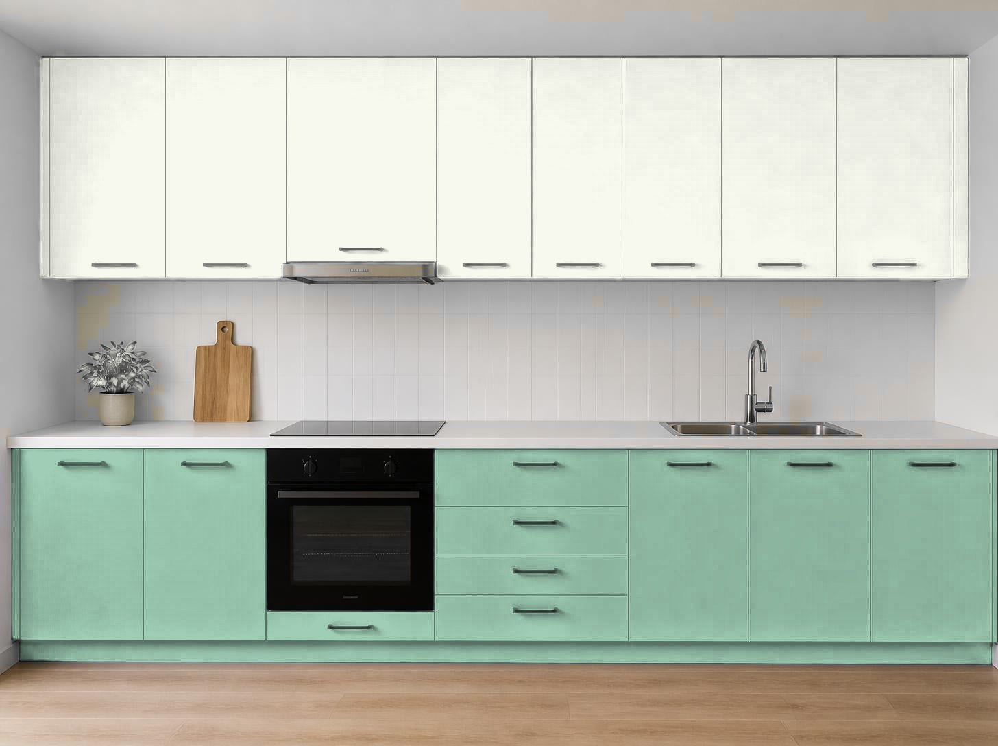 ترکیب رنگ آکواکول ترند سبز نعنایی و x RAL 9010 روی کابینت آشپزخانه
