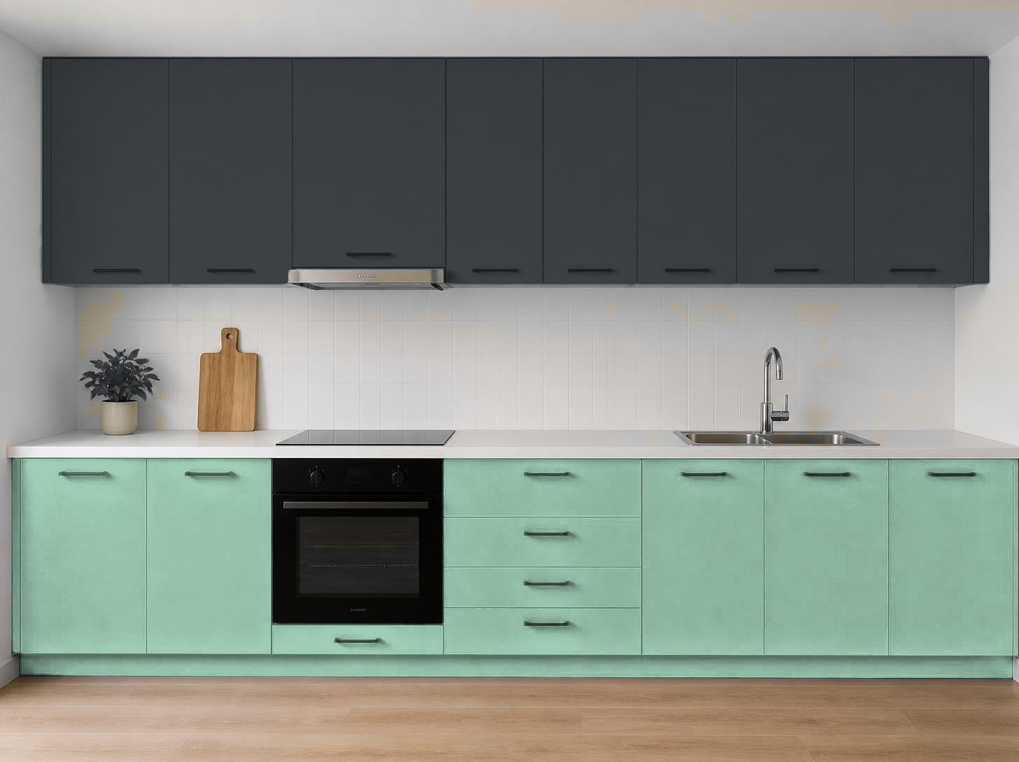 ترکیب رنگ آکواکول ترند سبز نعنایی و x RAL 7016 روی کابینت آشپزخانه