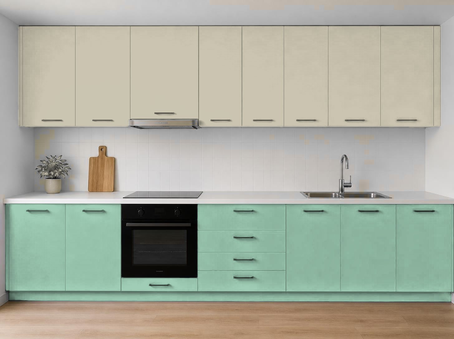 ترکیب رنگ آکواکول ترند سبز نعنایی و x RAL 7044 روی کابینت آشپزخانه
