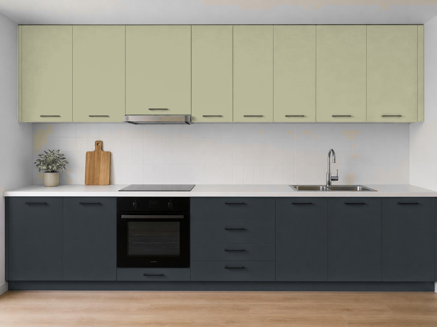 ترکیب رنگ آکواکول ترند خاکستری شنی و خاکستری آنتراسیت روی کابینت آشپزخانه