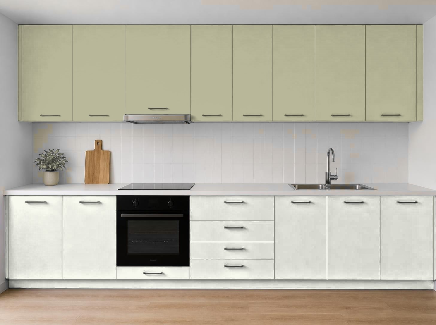 ترکیب رنگ آکواکول ترند خاکستری شنی و سفید خالص روی کابینت آشپزخانه