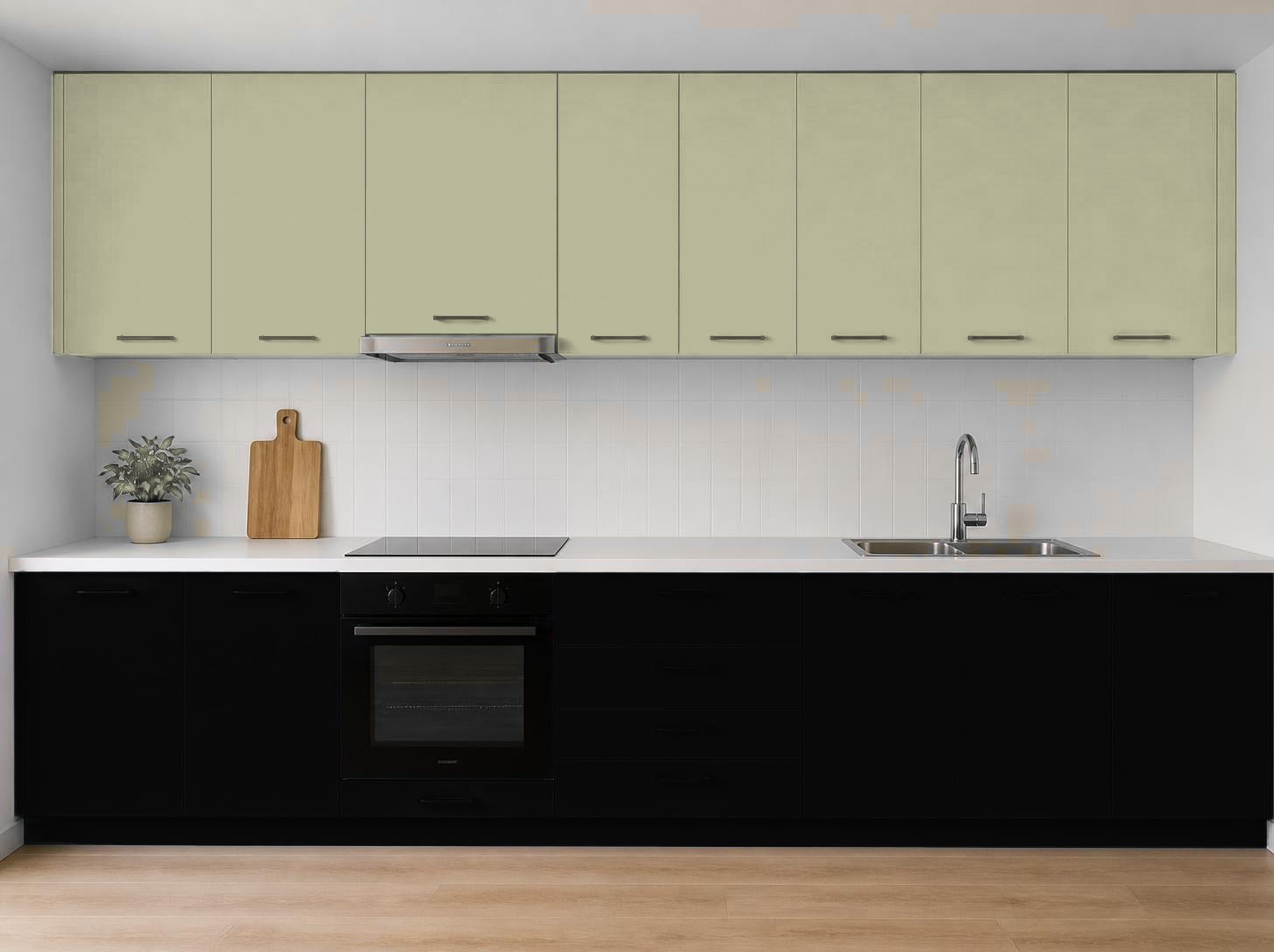 ترکیب رنگ آکواکول ترند خاکستری شنی و مشکی روی کابینت آشپزخانه