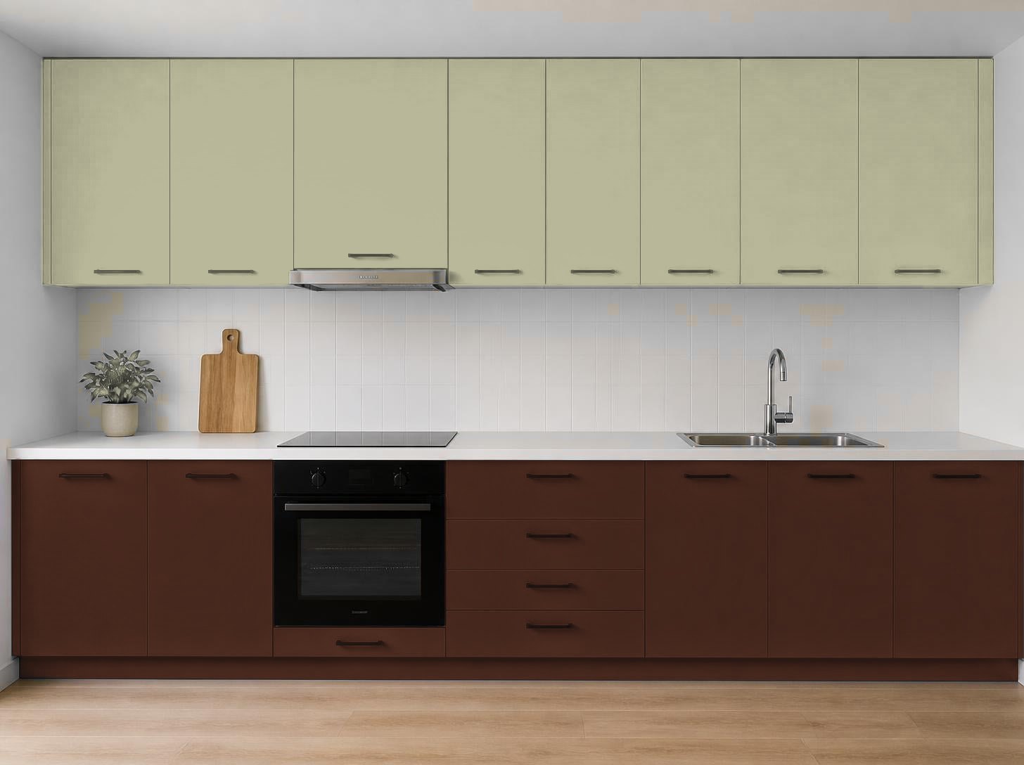 ترکیب رنگ آکواکول ترند خاکستری شنی و قهوه‌ای ماهون روی کابینت آشپزخانه