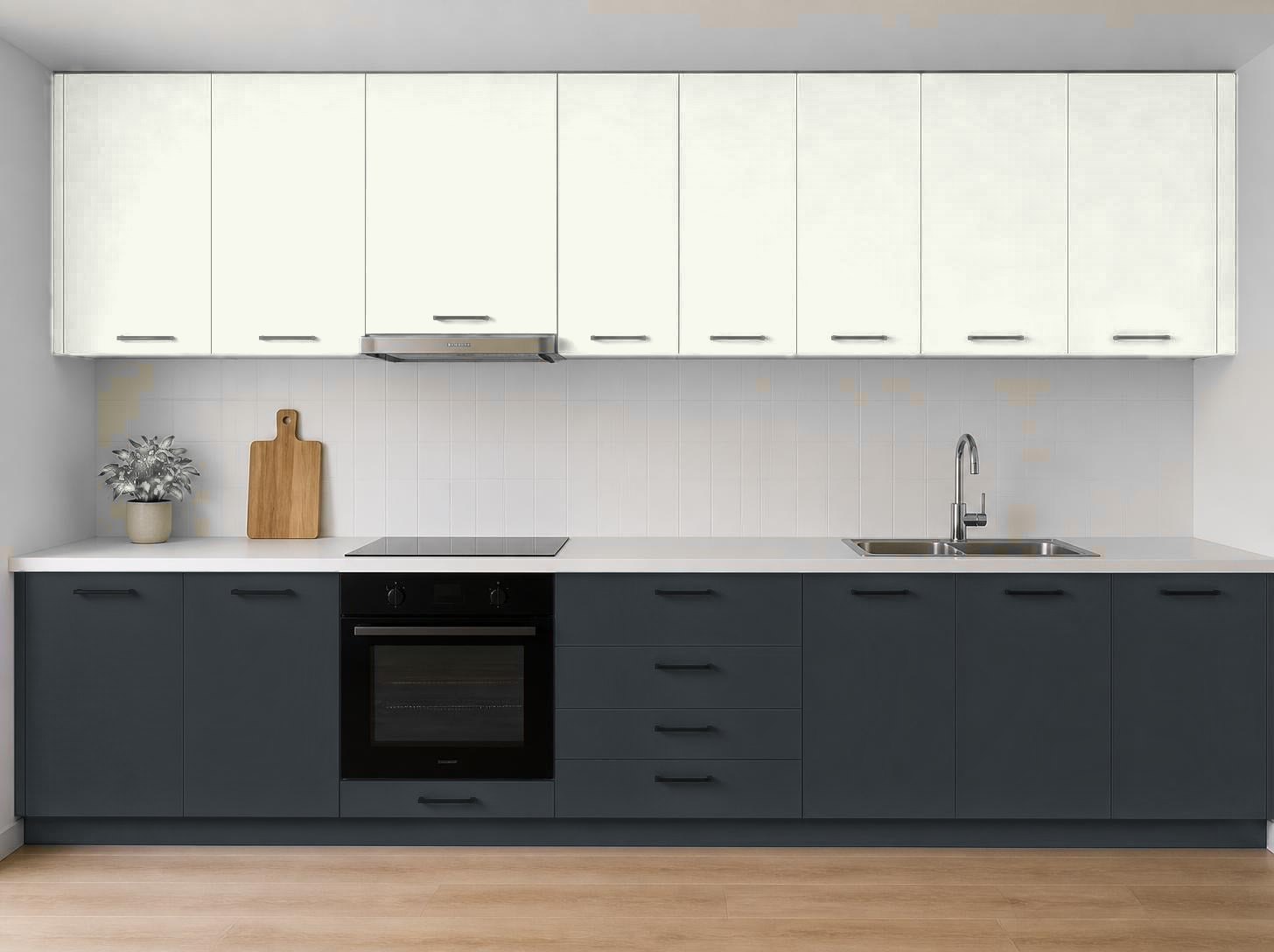 ترکیب رنگ آکواکول ترند سفید خالص و خاکستری آنتراسیت روی کابینت آشپزخانه