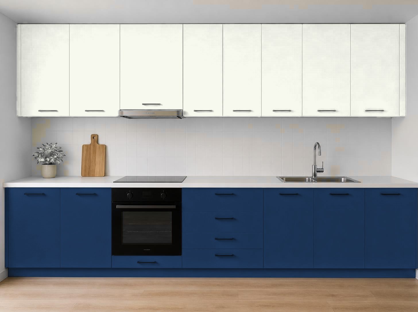 ترکیب رنگ آکواکول ترند سفید خالص و آبی یاقوتی روی کابینت آشپزخانه