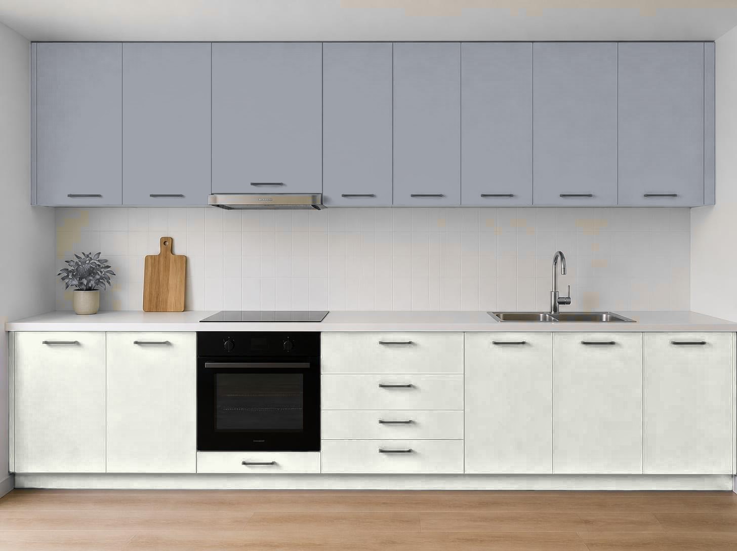 ترکیب رنگ آکواکول ترند سفید خالص و خاکستری پنجره‌ای روی کابینت آشپزخانه