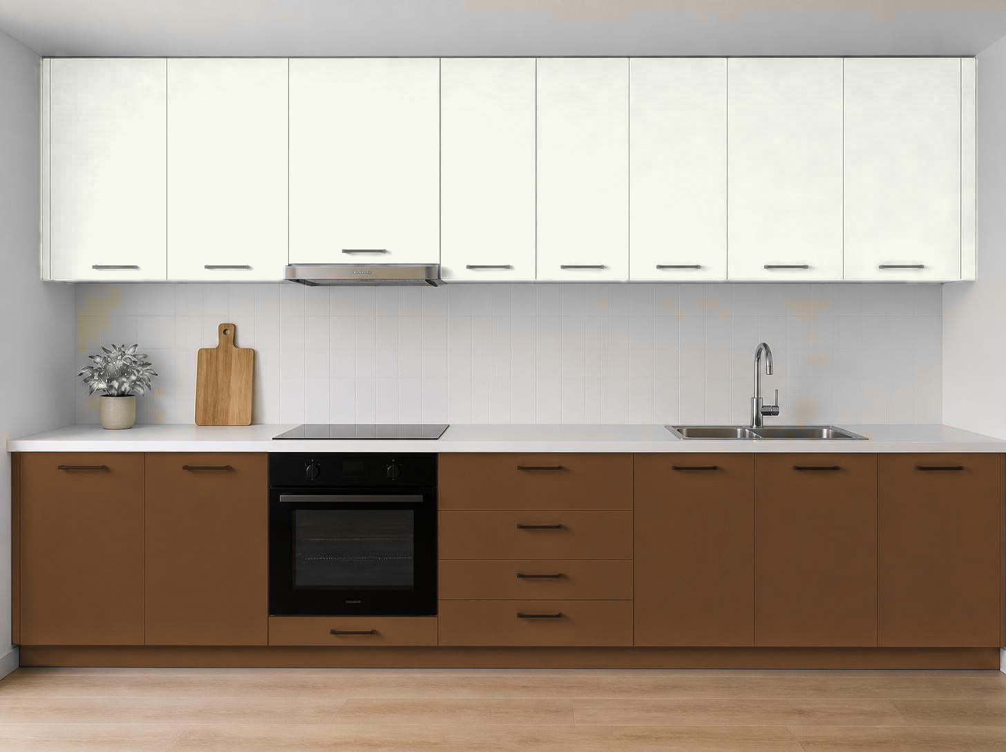 ترکیب رنگ آکواکول ترند سفید خالص و قهوه‌ای گوزنی روی کابینت آشپزخانه