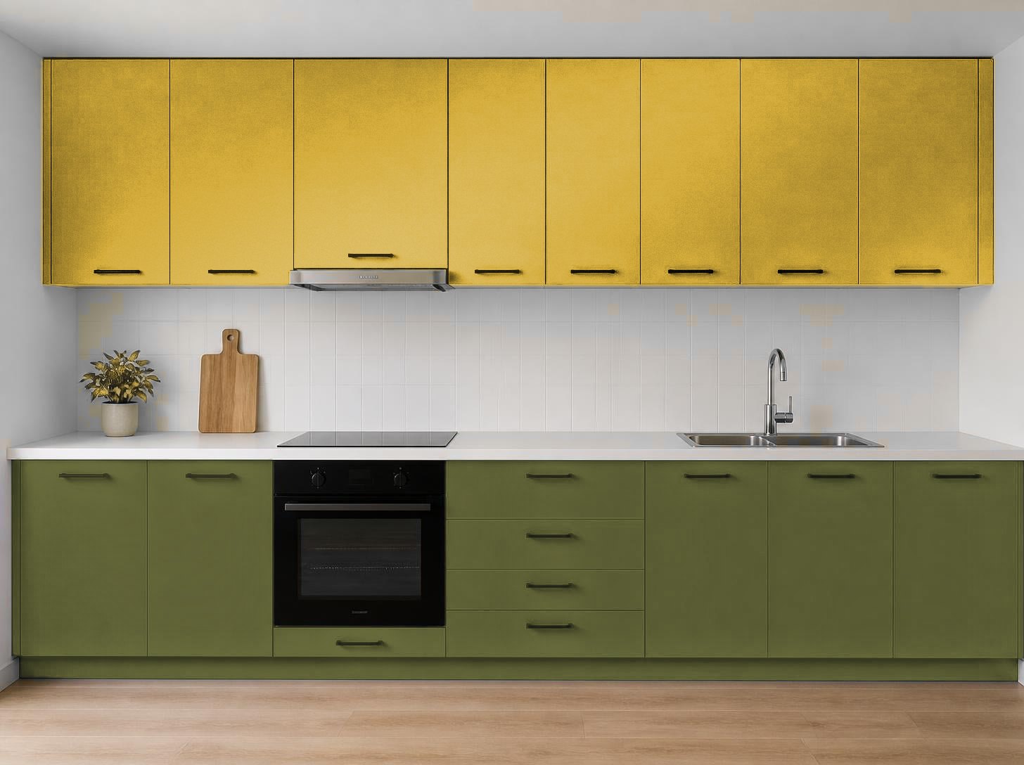 ترکیب رنگ متالیک آکواکول ترند طلایی متالیک و سبز زیتونی روی کابینت آشپزخانه