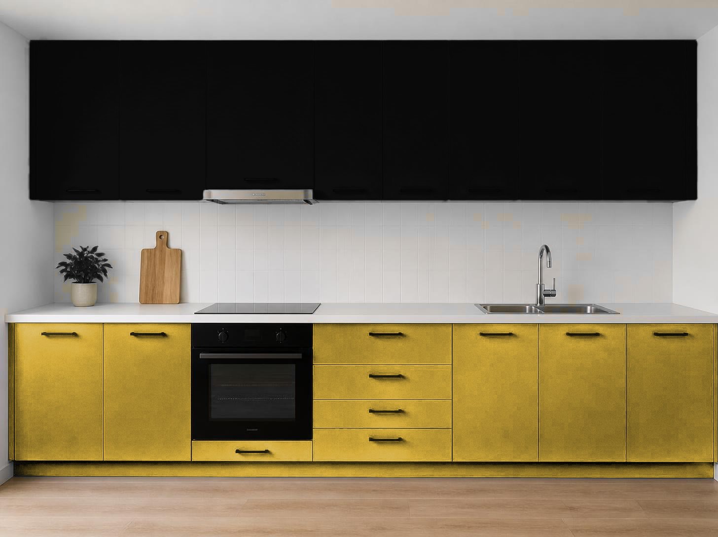 ترکیب رنگ متالیک آکواکول ترند طلایی متالیک و مشکی روی کابینت آشپزخانه