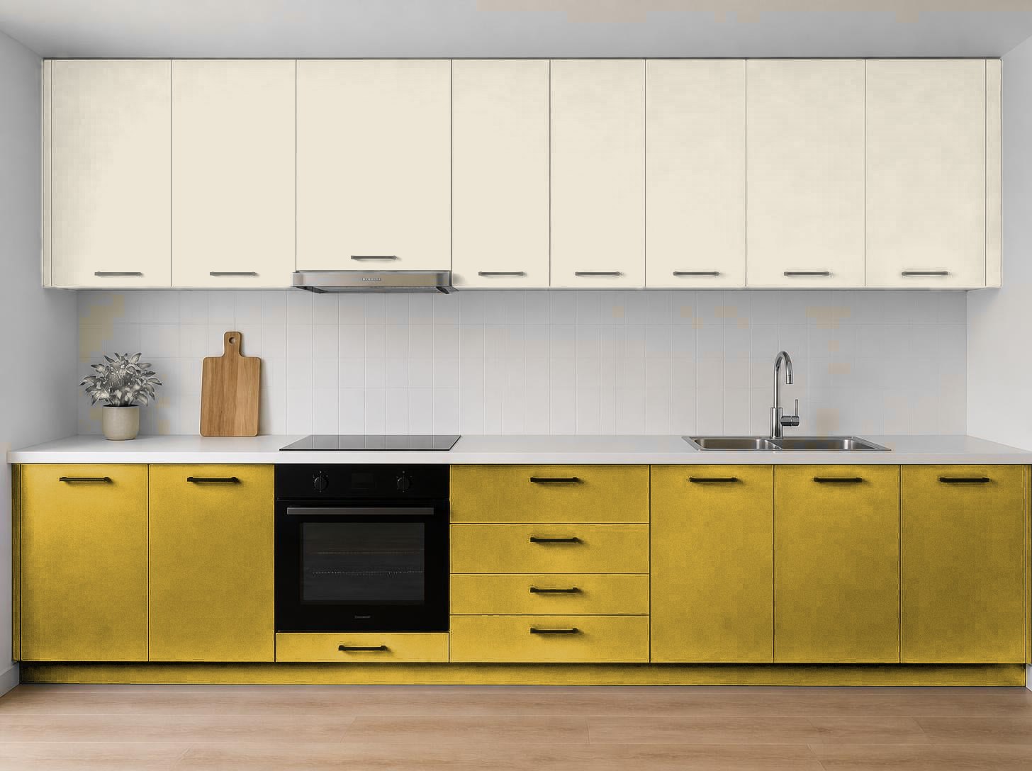 ترکیب رنگ متالیک آکواکول ترند طلایی متالیک و سفید آنتیک روی کابینت آشپزخانه