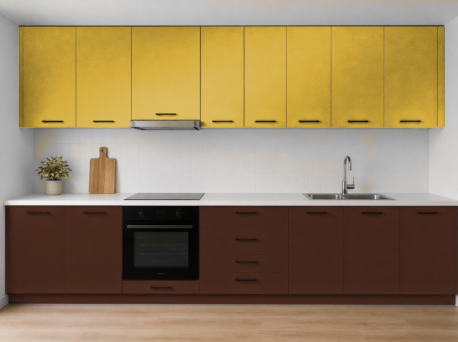 ترکیب رنگ متالیک آکواکول ترند طلایی متالیک و قهوه‌ای ماهون روی کابینت آشپزخانه